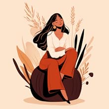 A serene woman with long hair sits cross-legged on a round cushion, surrounded by abstract plants.
