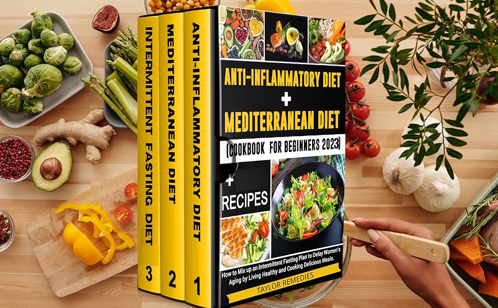 Table with food antiinflmmatory and Mediterranean diet recipes coockbook meal plan and prep