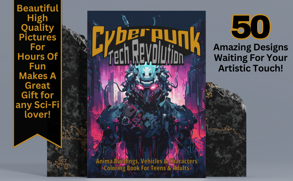 Cyberpunk Tech Revolution Anima Buildings, Vehicles & Characters Coloring Book For