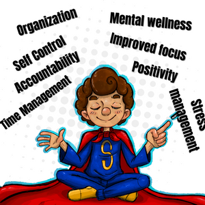 Boy sitting in relaxed pose with new improved executive functioning superpowers