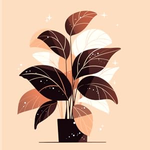A minimalist illustration of a potted plant with dark and light leaves against a beige background.