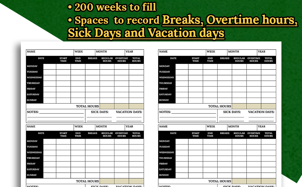 Weekly Time Sheet Log Book Time Sheet Book with 200 Weeks Including Overtime Hours, Vacation