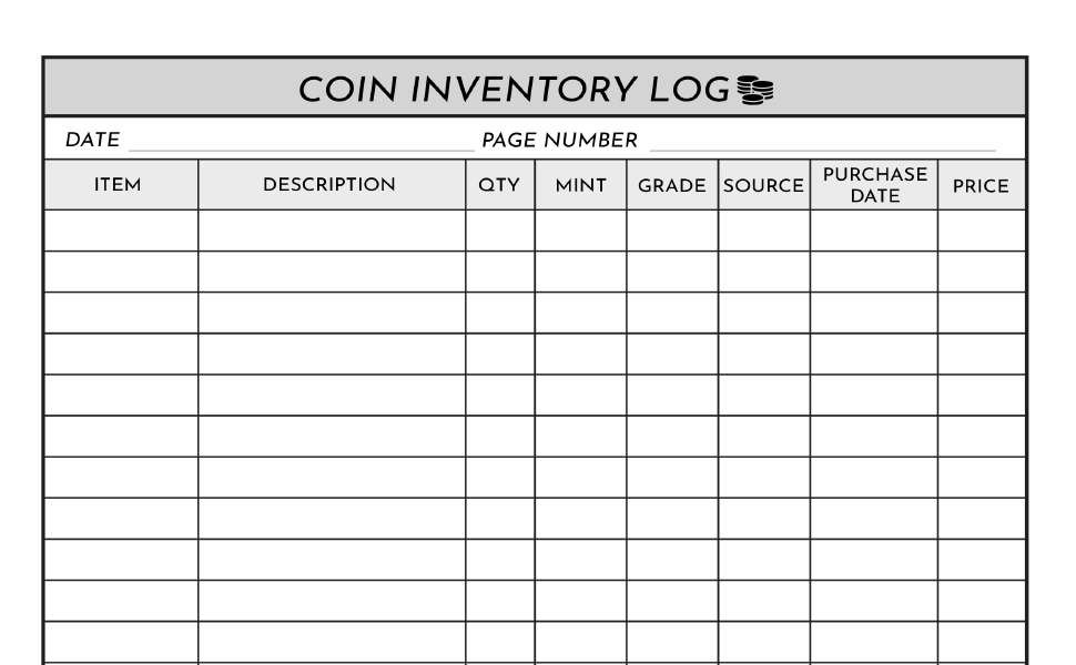 Coin Inventory Log Book Collectors Coin Logbook to Record and keep