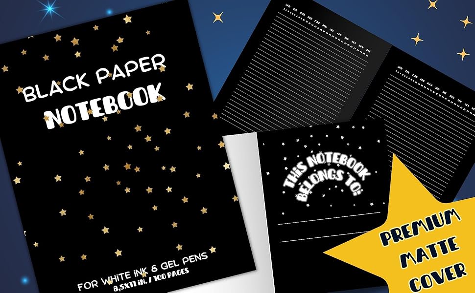 Black Paper Notebook for White Ink and Gel Pens Stars Notebook Lined