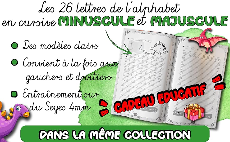 Cahier d'ecriture cursive dinosaure apprendre a ecrire en attache alphabet minuscule majuscule