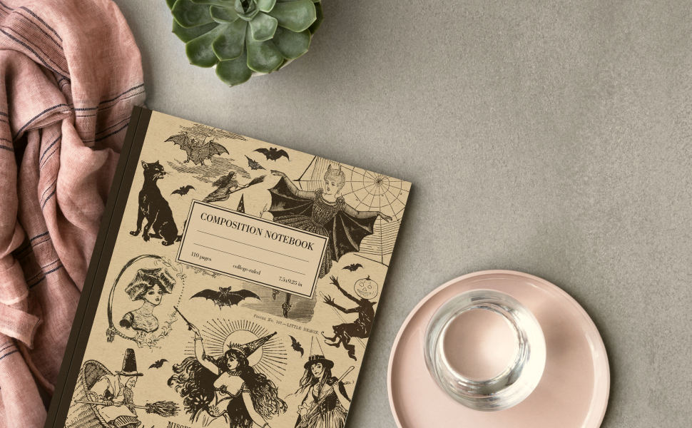 Lined composition notebook with vintage aesthetic witch print cover. Wide lined college ruled.