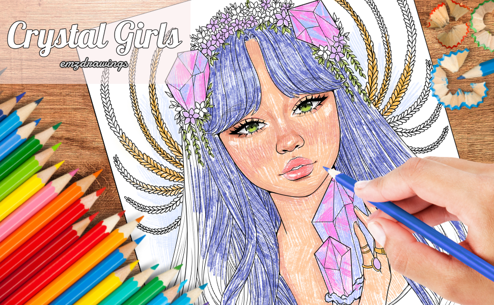 Crystal Girls Coloring Book for Adults and Teens Featuring Magical