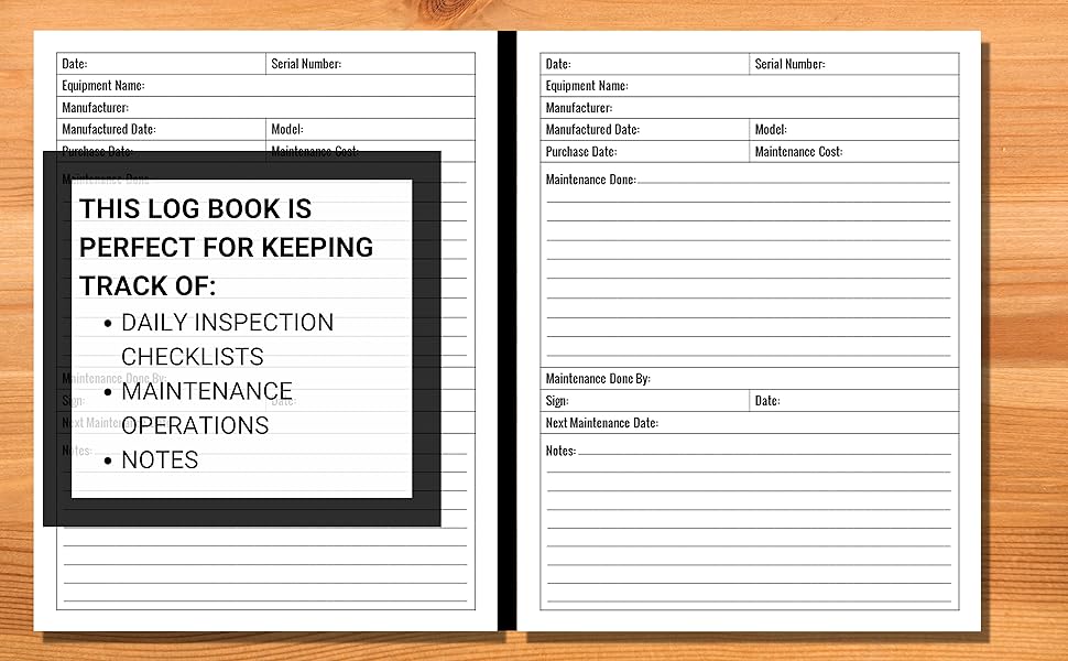 Heavy Equipment Inspection Log Book Features
