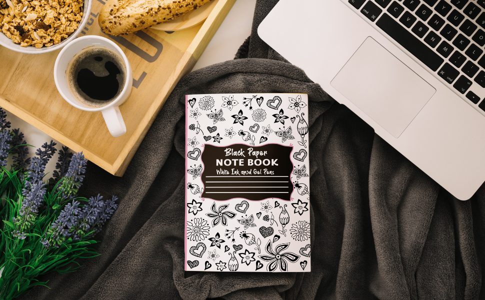 Black Paper Notebook for White Ink and Gel Pens 110 Pages, White Lined Blank Black Paper
