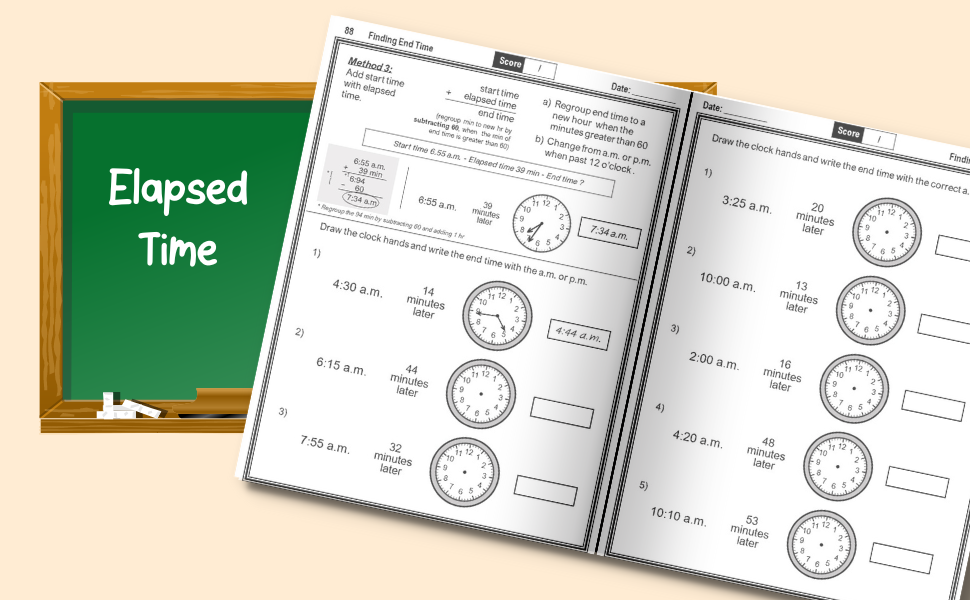 Telling Time Math Workbook Grade 3 Analog and Digital Clocks, 1Minute Intervals, Using 'Past