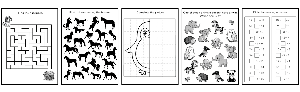 Activity Book for 5-6 Year Olds: Mazes, Connect the Dots, Word Search, Maths Puzzles, Spot the Difference, Picture Puzzles, and Many More! 5 Example pages withs maze, addition and subtraction and more from Activity Book for 5-6 Year Olds