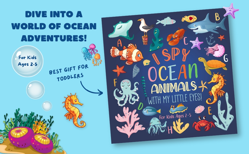 I spy ocean animals book cover illustration with text