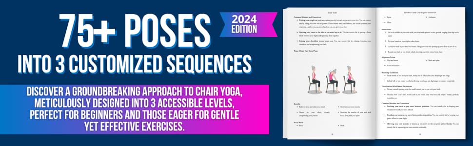 Over 75 Chair Yoga poses is designed to target senior health issues: knee pain, back pain