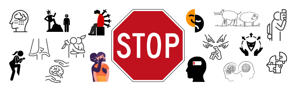 The image features a central STOP sign surrounded by icons representing dark psychology