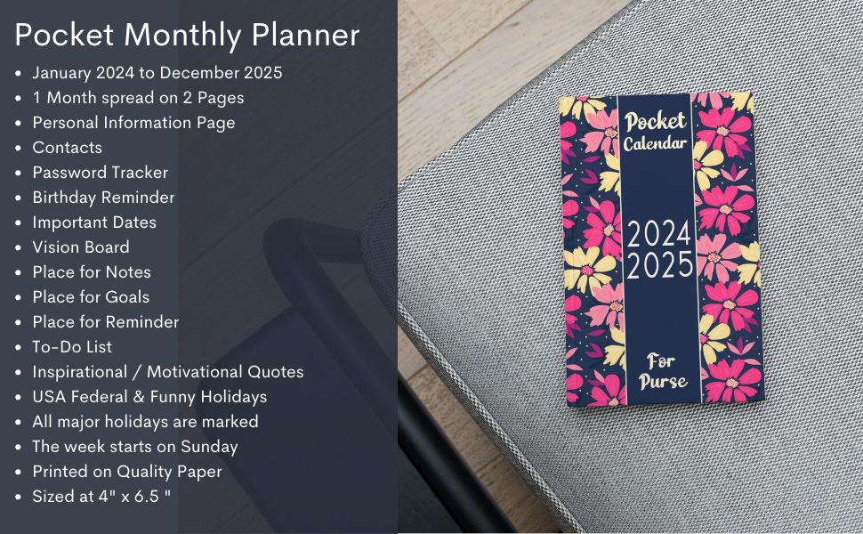 Pocket Calendar 20242025 for Purse Small Size Monthly Planner Two