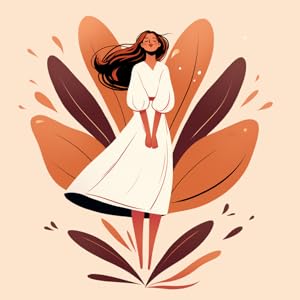 A smiling woman in a flowing white dress stands with abstract leaves and petals in the background.