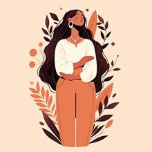 A peaceful woman with long hair embraces herself, standing among stylized leaves and plants.
