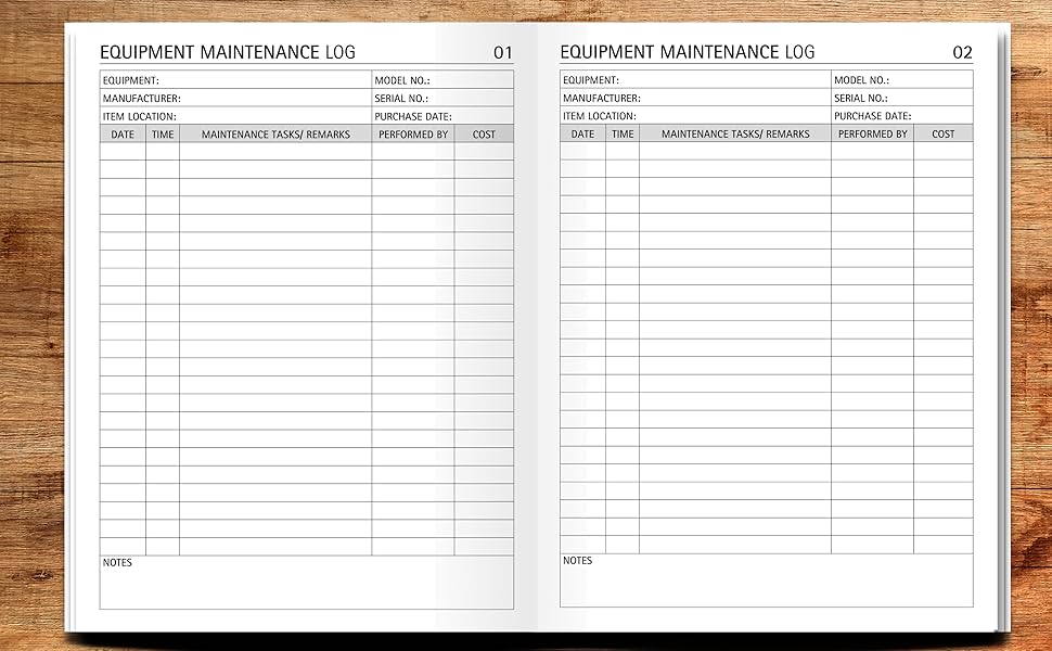 Equipment Maintenance Log Book Machinery Repairs and Service Record