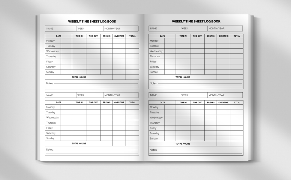 Weekly Time Sheet Log Book Work Hours Log, Undated Time Sheets for