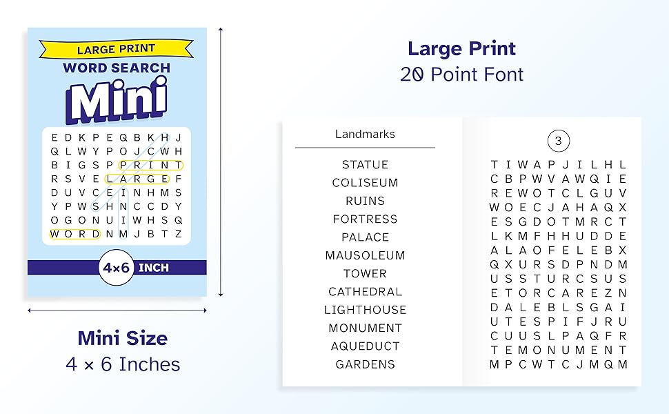 Large Print Word Search Mini 4x6 Inch Pocket, Purse and Travel Size A Small Book
