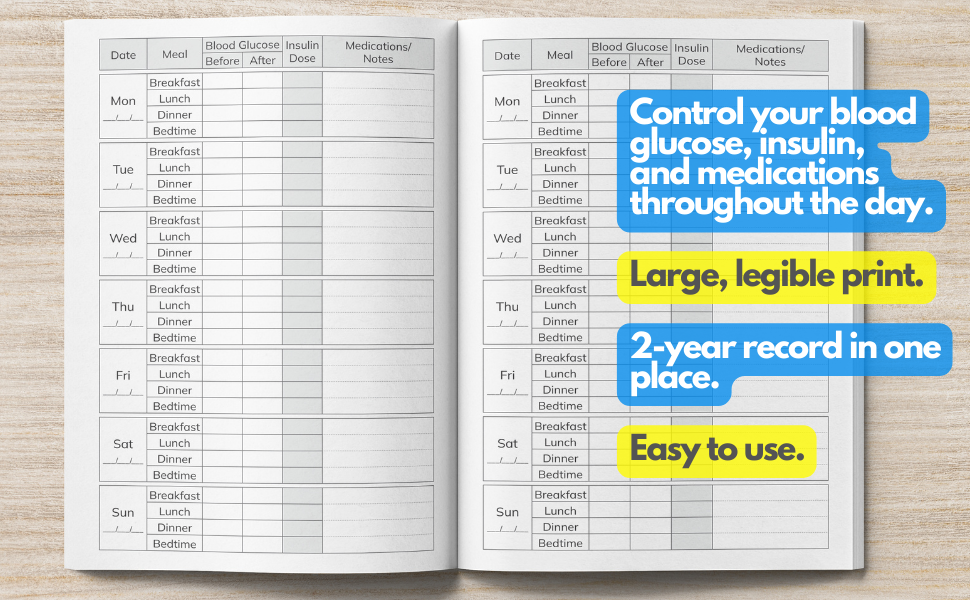 Diabetes Log Book Type 1 and 2 Glucose, Insulin, and Medications Diary