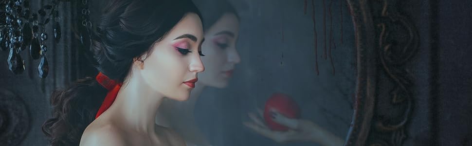 An image of Snow White looking at the poisoned apple.