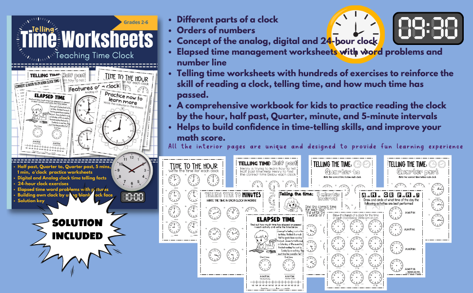 Telling Time Worksheets Time telling workbook with answer key for kids