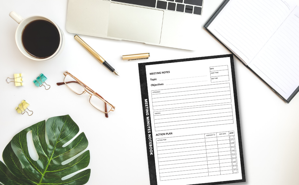 Meeting Minutes Notebook Note Taking Book for Work with Action Items