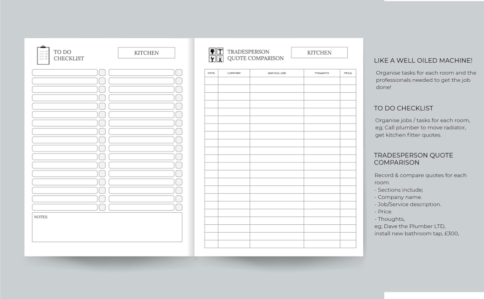 to do, checklist, organiser, kitchen, tradesman, compare, service, notes, information,