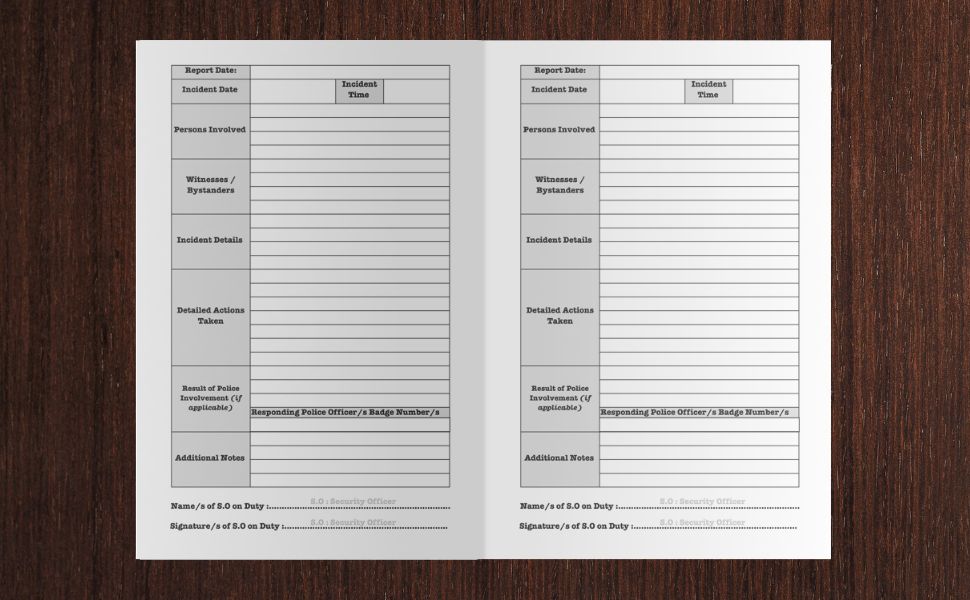 Security Incident Logbook Report Records for On Duty Security Guards