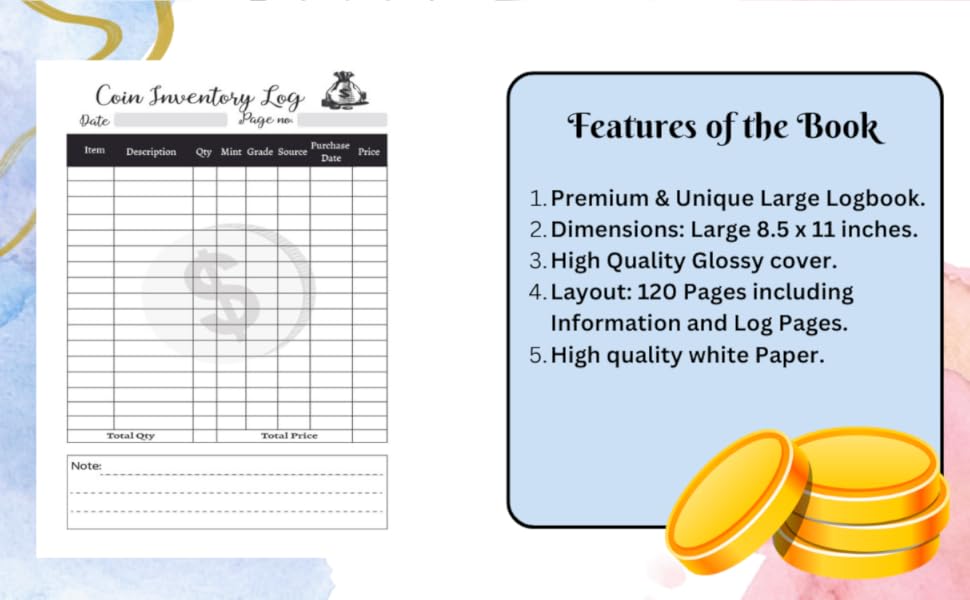 Coin inventory Notebook Hobbyist or professional Coin Collectors Log
