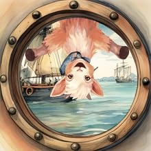 Billy hanging up-side-down looking through a ship porthole.