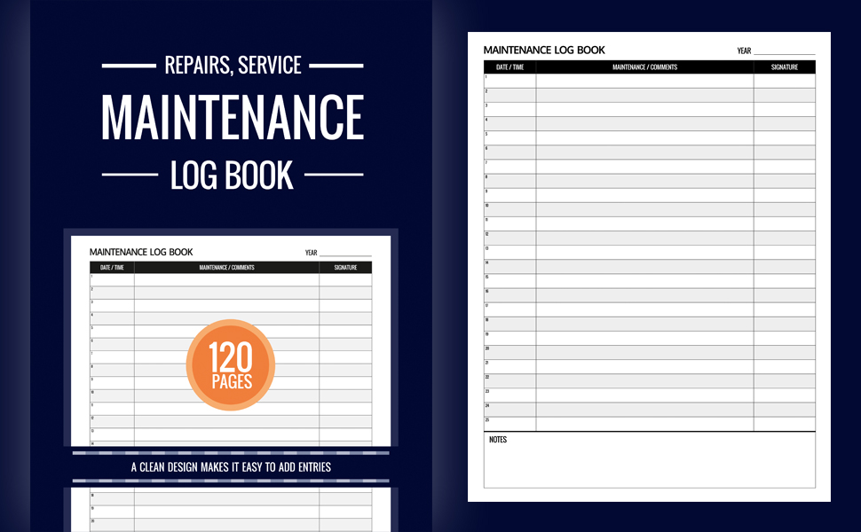 Maintenance log book, Maintenance record log book, Service record log