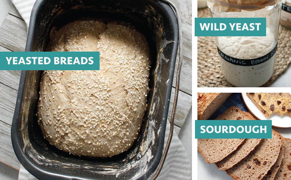 Photos showing a yeasted loaf of bread baked in a bread machine, a jar of wild yeast and sourdough 