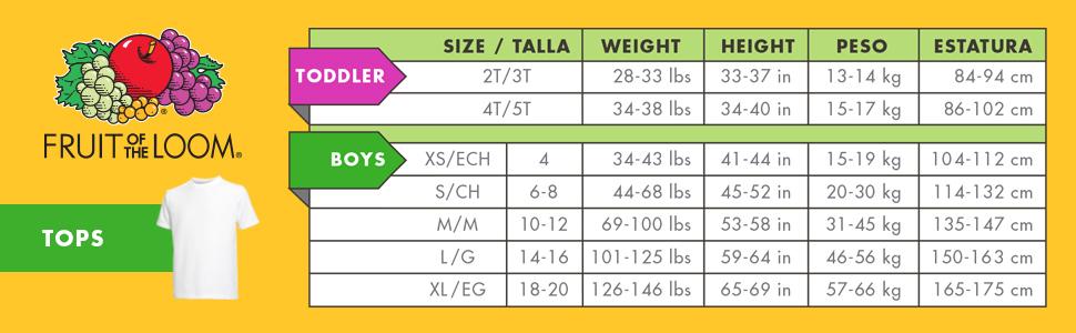 fruit of the loom youth shirt size chart