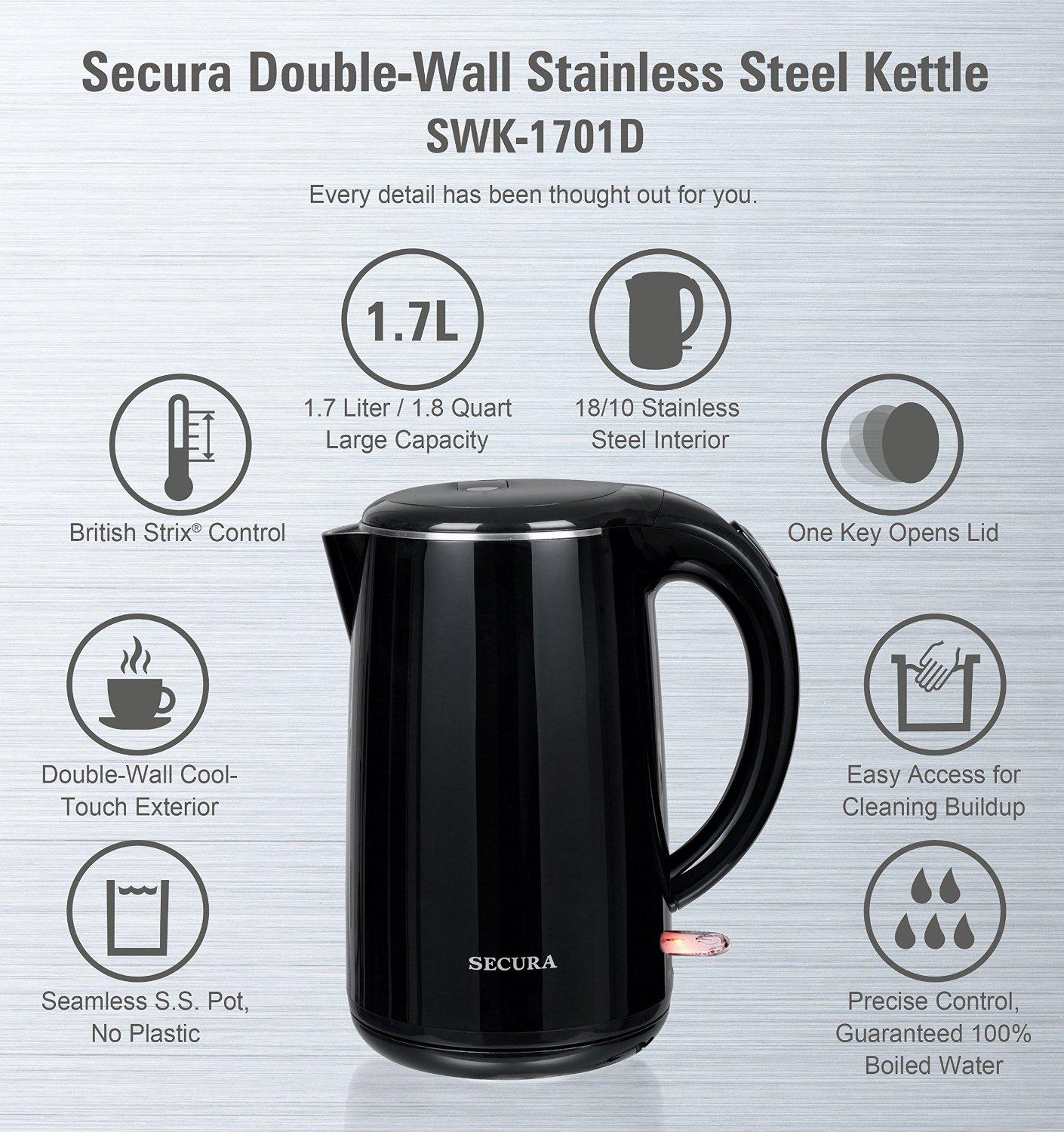 Secura SWK1701DB Stainless Steel Double Wall Electric Water Kettle, 1.