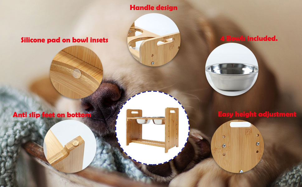 Pet Supplies FOREYY Adjustable Raised Pet Stand for Cats and Dogs with 4 Bowls, Bamboo