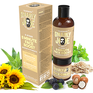 Gnarly Joe mens skin care with natural ingredients including exfoliate and face cream 2 stage