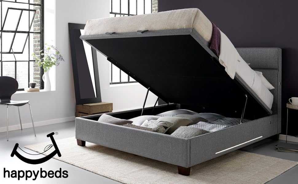 Ottoman Storage Bed with 2 USB Charging Ports and LED Light, Happy Beds