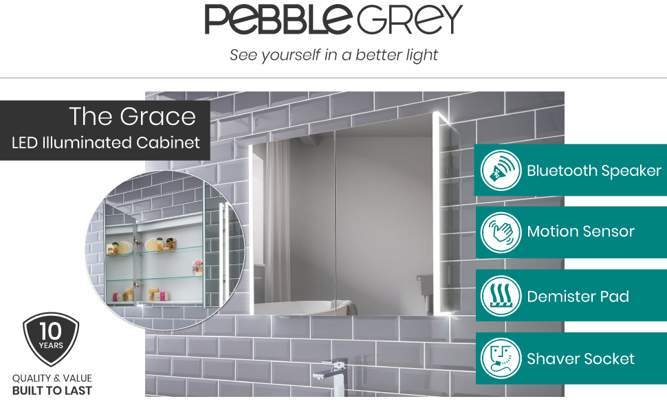 Pebble Grey™ Grace Bluetooth LED Illuminated LED Bathroom Mirror