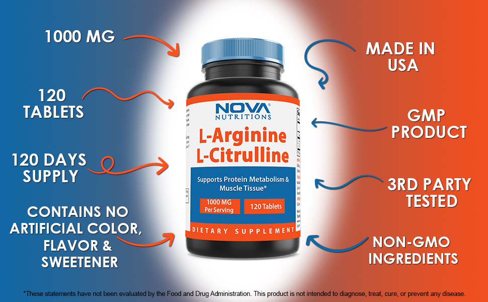 Nova Nutritions LArginine LCitrulline 1000mg Promotes Muscle