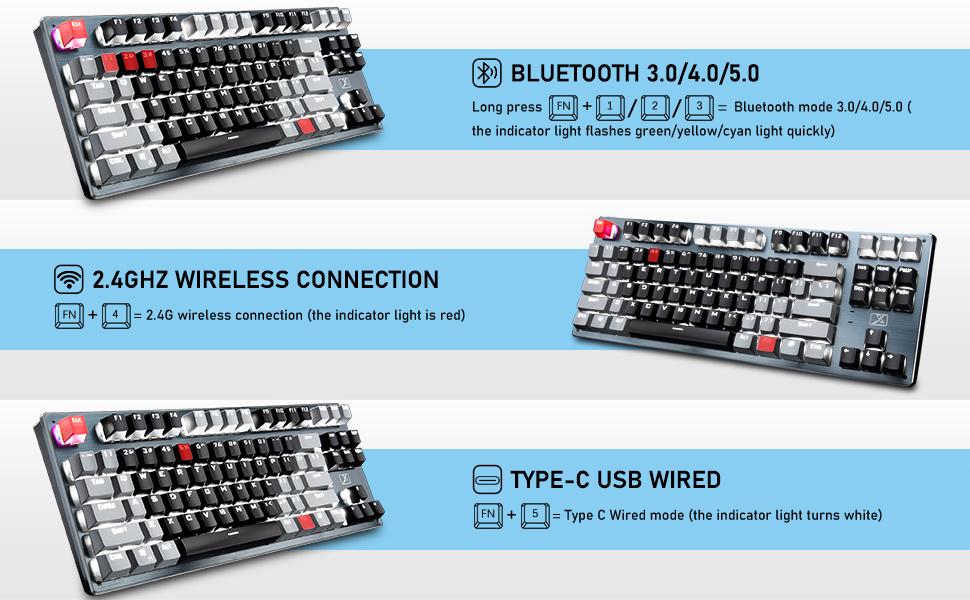 Mechanical Keyboard Bluetooth / 2.4GHz Wireless USB/Wired Type c 3 mode ...