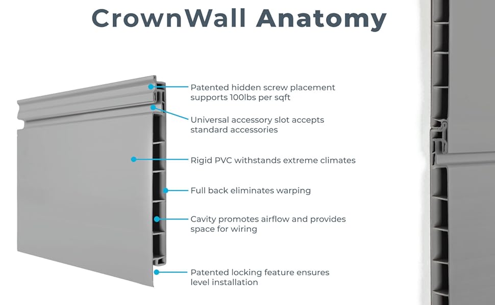 CrownWall PVC Slat Wall Panels Garage Wall and Home Organizer Storage System Heavy Duty