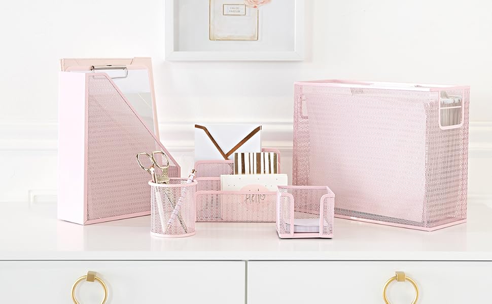 BLU MONACO 5 Piece Office Supplies Pink Desk Organizer Set with Desktop Hanging