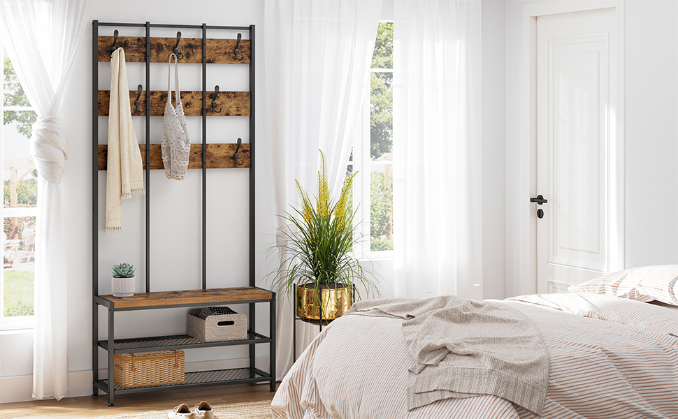 Songmics VASAGLE Appendiabiti Autoportante, Portaoggetti Per Ingresso, 8 Ganci Doppi, Panca Scarpiera, 2 Ripiani A Rete, Camera Da Letto, Struttura In Acciaio, Industriale, Marrone Vintage E Nero 13 1