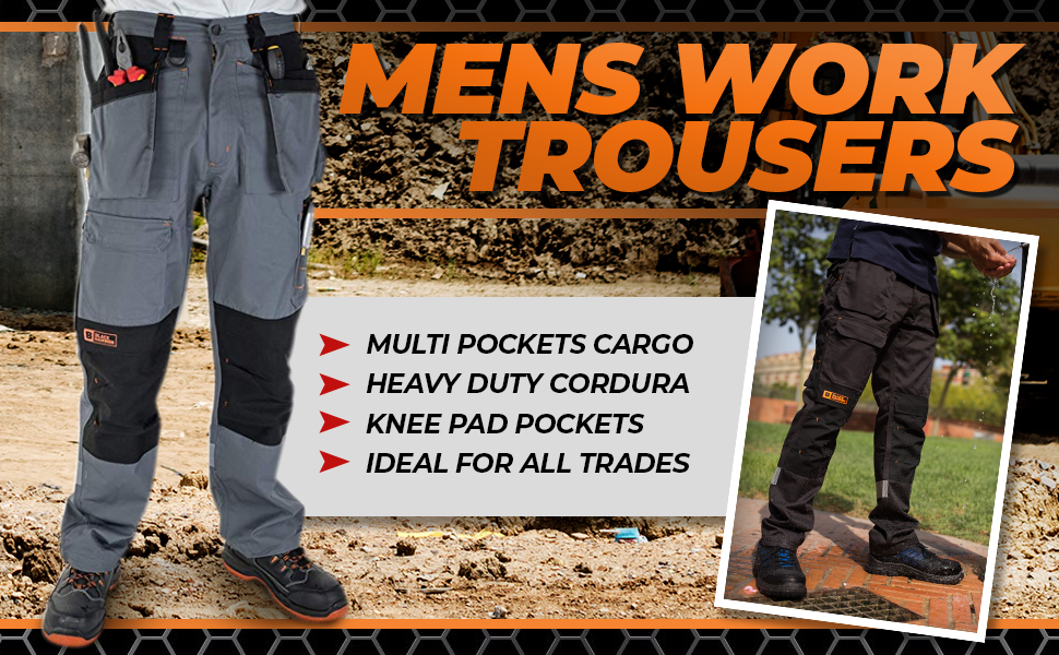 Mens Work Trousers Multi Pockets Cargo Heavy Duty Triple Stitched with