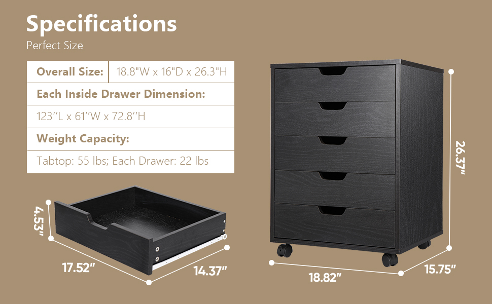 ZENY 5 Drawers Chest, Mobile File with Casters