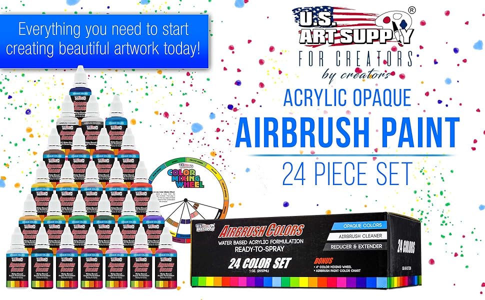 U.S. Art Supply Acrylic Opaque Airbrush Paint 24 Piece Set
