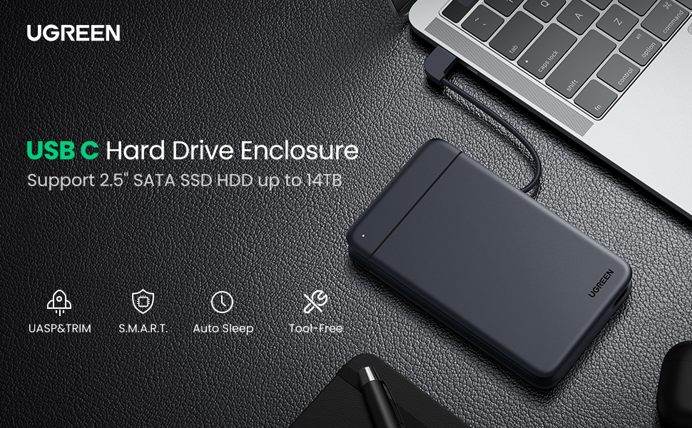 UGREEN 2.5 inch USB C Hard Drive Enclosure with Builtin Type C Cable
