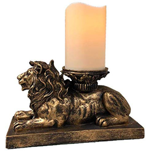 The Nifty Nook Lion Figurine Candle Holder Antique Gold Flameless LED Pillar Candle & Timer Home